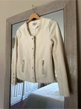 One/Third Ivory Cream Tweed Blazer Jacket Silver Details Size Small